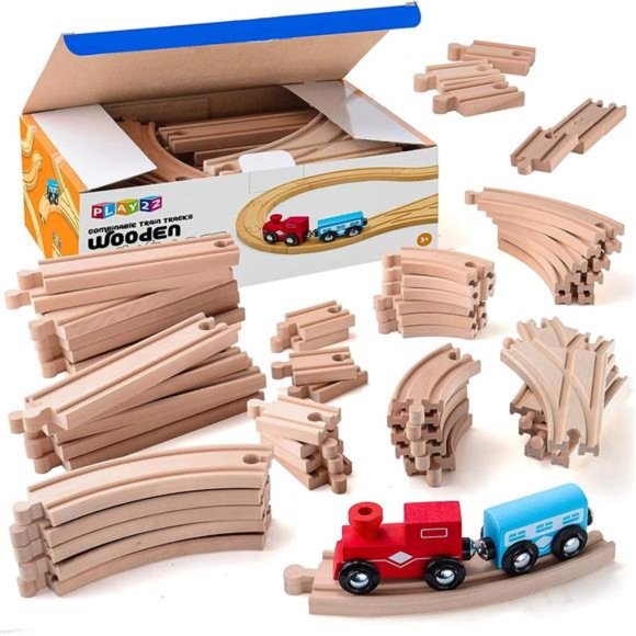Wooden Train Tracks - 52 PCS + 2 Bonus Car Toy Trains - for Kids is Compatible - Picture 1 of 6